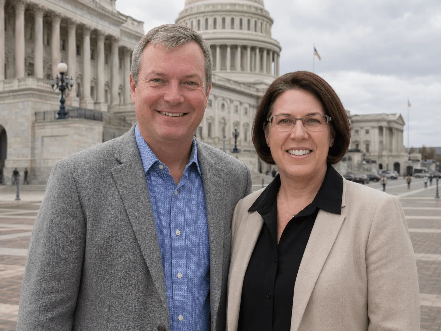 Two professionals smiling in front of the United States Capitol building