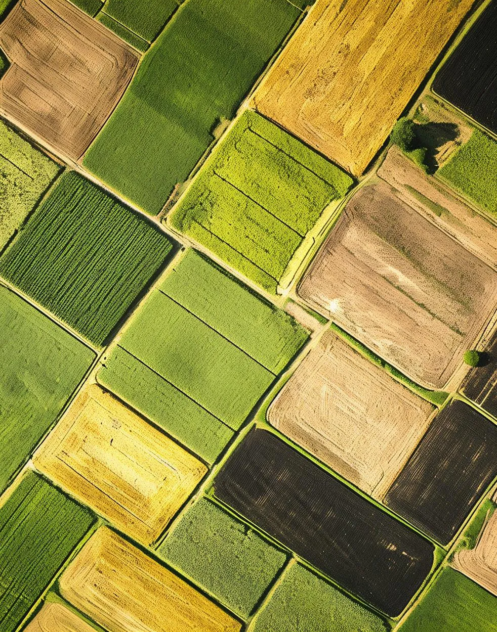 Aerial view of colorful crop fields in a patchwork of greens, gold, and brown