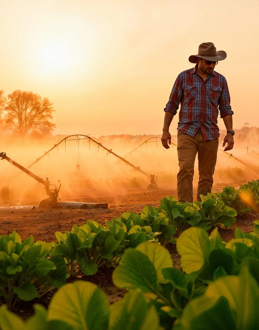 Farmer in a cowboy hat walking through irrigated leafy crops at sunset